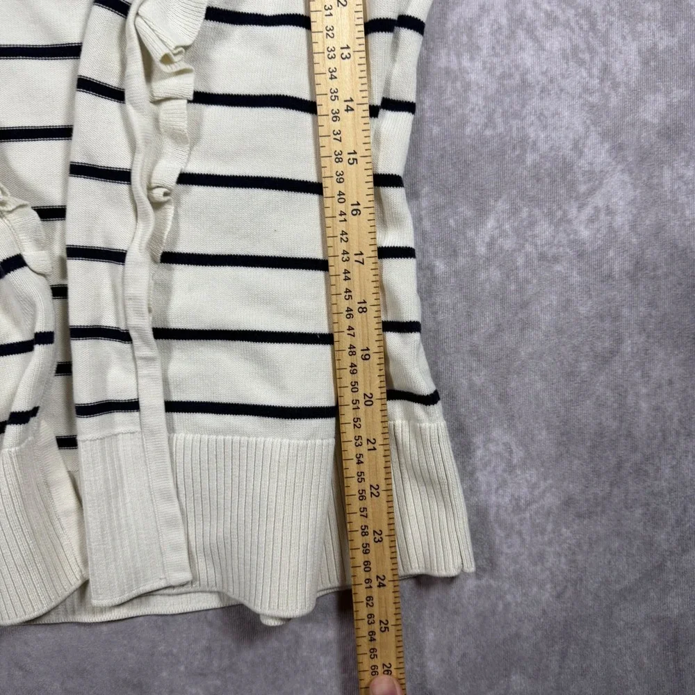 Talbots Cardigan Sweater Women M Ivory Navy Striped Ruffle Open Front Balletcore